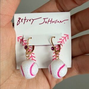 Rare Betsey Johnson Pink Glitter Dangling Baseball Earrings NWT Spring Gift